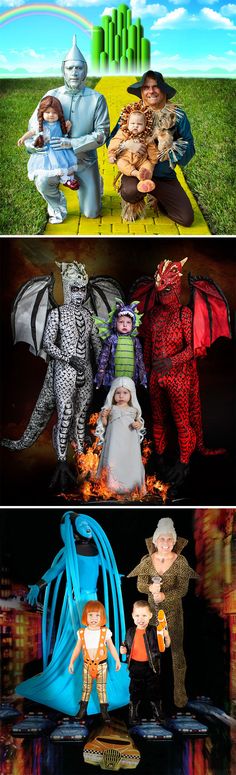 three different pictures with people dressed in costumes and one is holding a baby, while the other