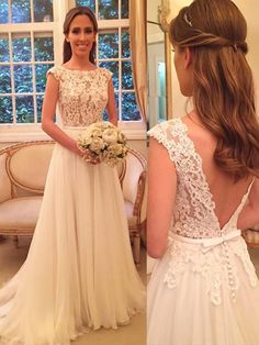 a woman in a wedding dress looking at herself in the mirror and another photo of her back