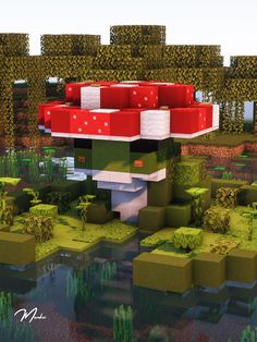 Minecraft Mushroom Tutorial, Minecraft Frog Fountain Tutorial, Minecraft Frog Building Ideas, Mushroom Core Minecraft, Minecraft Egg Display, Minecraft Mushroom Fountain, Frog Lights Minecraft, Mushroom Hut Minecraft, Things To Add In Minecraft World