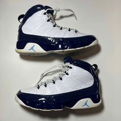 Air Jordan 9 Retro 'UNC' US Mens Size 12 302370-145 Basketball Shoes 2019 Navy Blue Sneakers 100% Authentic White IX Jumpman Kicks Item will be shipped in a package/box, contact me if you have a preference, condition as is in pictures, if you have any questions, comments or concerns please contact me at anytime, I want to make sure the customer is happy with the purchase and that we can come to a happy conclusion, check me out on social media if you want more pictures, thank you!  Shoes are in g Blue Custom Sneakers For Light Sports, Fade-resistant, Blue Custom Sneakers For Light Sports, Outdoor Lace-up Basketball Shoes With Cushioned Footbed, Fade-resistant Synthetic Jordan Lace-up Shoes, Jordan Shoes For Light Sports With Fade-resistant Round Toe, Fade-resistant Lace-up Jordan Shoes, Blue Fade-resistant Custom Sneakers, Blue Breathable High-top Sneakers For Running, Fade-resistant Blue Basketball Shoes