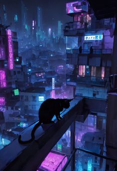 a black cat sitting on top of a window sill in front of a cityscape