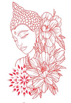 a drawing of a buddha with flowers in front of her face and the words, i am