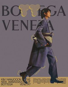 an advertisement for bottega veneta featuring a man in a blue suit