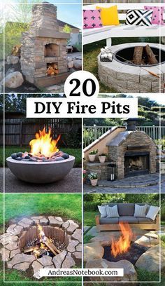 various fire pit designs with text overlay that says 20 diy firepits