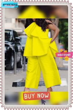 Plus Size Women's Style Loose Top Wide Leg Pants Two-piece Set Summer Two-piece Pantsuit For Workwear, Spring Non-stretch Trousers Set, Summer Party Sets With Pockets, Yellow Two-piece Bottoms For Spring, Chic Yellow Pantsuit For Spring, Yellow Wide Leg Jumpsuits And Rompers For Spring, Yellow Wide-leg Jumpsuits For Spring, Spring Yellow Wide-leg Jumpsuits And Rompers, Loose Top