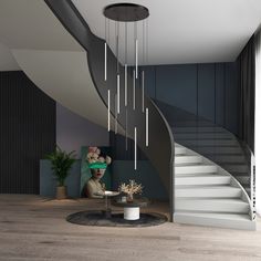 a living room with a spiral staircase and potted plant on the table in front of it