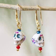 Painted lovingly by hand marble skull earrings are the perfect accessory for Day of the Dead or anytime at all. Josefina and Cecilia in Mexico craft the earrings adding colorful faceted crystal beads and 14k gold plated brass hooks. Marble Jewelry, Brass Hooks, Skull Earrings, Fall Jewelry, Halloween Jewelry, Faceted Crystal, Jewelry Packaging, Turquoise Earrings, Jewelry Projects