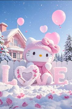 a hello kitty stuffed animal holding a heart in the snow with balloons floating above it