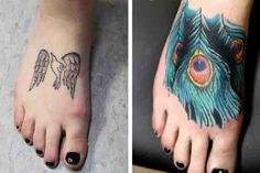 two different tattoos on feet and one has an angel wing tattoo on the left foot