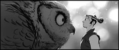 an owl and a girl looking at each other