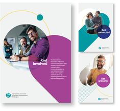 three different brochures with people working on computers