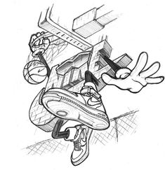 a drawing of a cartoon character flying through the air with his feet in the air