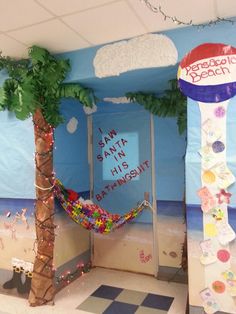 a classroom decorated with palm trees and decorations