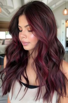 34 Beautiful Burgundy Balayage Hair Ideas That Will Leave You Mesmerized Medium Brown Hair With Burgundy Balayage, Burgundy Hair Shadow Root, Dark Hair Balayage Red, Cherry Red Balayage, Dark Red Balayage, Burgundy Hair With Highlights, Red Hair Ideas, Brunette Shades