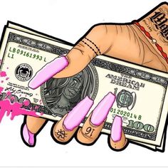 a hand with pink nail polish holding a one dollar bill