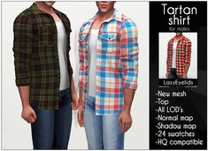 two men in plaid shirts and jeans standing next to each other, with the text tartan shirt for males