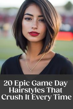 Woman with a sleek bob and red lipstick, showcasing a game-day hairstyle. Chic Ponytail, Dutch Braid, Twist Out, Sleek Ponytail, Twist Headband, Bad Hair Day