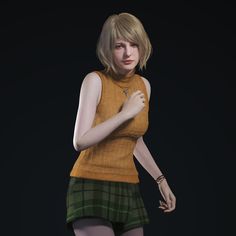 a woman with short hair wearing a yellow top and green plaid skirt, posing for the camera