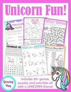 the unicorn fun activity pack includes 20 games, puzzles and activities