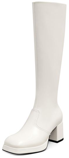 Whote Boots, White Go Go Boots, Knee High Boots Chunky, Chunky Heel Platform Boots, White Knee High Boots, Heel Platform Boots, Boots Chunky Heel, Cheerleader Costume, Platform Heels Boots