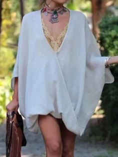 Women's V-neck Cotton and Linen Loose Top Beige V-neck Summer Top, Khaki V-neck Top For Summer, Khaki V-neck Top For Spring, Beige Solid Color V-neck Top, Bohemian V-neck Top, Oversized V-neck Top For Summer, Fall V-neck Tops For Beach, Fall V-neck Beach Tops, Fall Beach V-neck Tops