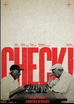 two men sitting at a chess table with the word check in red on top of them