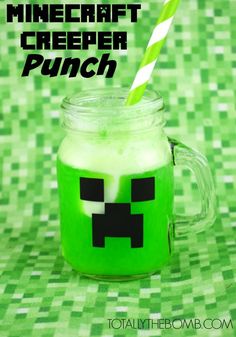 a green drink in a mason jar with the words minecraft creeper punch on it