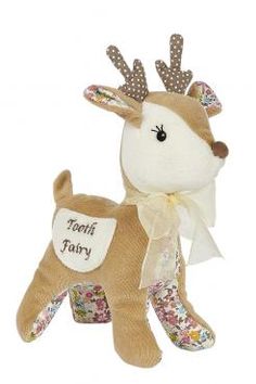 a stuffed animal with a name tag on it's chest and antlers around its neck