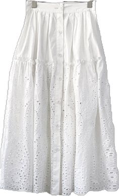 White Cotton Bottoms With Eyelet Details, Casual Cotton Bottoms With Broderie Anglaise, White Buttoned Skirt For Daywear, White Broderie Anglaise Cotton Skirt, White Broderie Anglaise Tiered Skirt, White Cotton Skirt With Broderie Anglaise, Spring Cotton Skirt With Broderie Anglaise, White Lace Bottoms With Floral Embroidery, Embroidered Lace