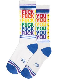 Crew length U.S. shoe size: one size fits women’s 6 up to men's 13 Unisex packaging Cushioned foot 65% cotton, 32% nylon, 3% spandex Made in the USA These sassy swear word socks say “FUCK” on one side and “YOU” on the other in repeating rainbow font, with added smiley faces on every line. In classic athletic sock style with blue and purple stripes on a white background, FUCK YOU socks are great for making people smile while you stick it to 'em. Gym Socks, Socks Gym, Rainbow Socks, Swear Word, Mens Crew Socks, Rosie The Riveter, Smiley Faces, Retro Rainbow, Crazy Socks