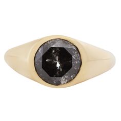 Dark and detailed, this one-of-a-kind ring features a heavily speckled diamond. This bold salt-and-pepper ring by Lauren Wolf Jewelry is flush set in a beautifully polished high-shine band. Appraisal available upon request. Stones: 2.68ct Salt & Pepper Round Brilliant Cut DiamondMetal: 18k Yellow GoldMeasurements: Setting length: 9.8mm, Stone length: 7.9mm, Setting width: 9.3mm, Setting height: 5.7mm, Band width: 6.8-2.8mm Size 6 in stock Shipping and Delivery: IN STOCK items will ship within 2 Classic Black Spinel Diamond Ring For Formal Occasions, Classic Formal Black Diamond Ring, Luxury Black Spinel Jewelry With Rose Cut Diamonds, Luxury Cluster Ring With Single Cut Diamonds, Luxury Engraved Ring With Single Diamond, Classic Black Ring With Single Diamond, Heirloom Signet Ring With Diamond Cut, Heirloom Diamond Cut Signet Ring With Round Band, Formal Diamond Ring With Rose Cut Round Stone