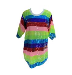 Women's Rainbow Sequence T-Shirt Dress Spring T-shirt With Sequins And Short Sleeves, Summer Short Sleeve T-shirt With Sequins, Summer Stretch T-shirt With Half Sleeves, Multicolor Half Sleeve T-shirt For Summer, Green Sequined Short Sleeve Tops, Spring Sequin Short Sleeve T-shirt, Sequined Short Sleeve T-shirt For Spring, Spring Sequins Crew Neck T-shirt, Spring Sequined Crew Neck T-shirt