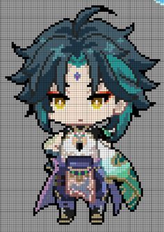 the pixel art is made to look like an anime character with blue hair and green eyes