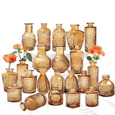 an assortment of vases and jars with flowers in them on a white background,