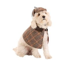 a small white dog wearing a brown and black plaid coat with a hat on it's head