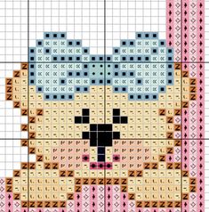 a cross stitch pattern with a teddy bear in pink and yellow colors on the bottom