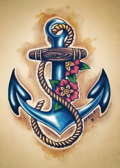 an anchor with rope and flowers painted on the side of its body is shown in this tattoo design