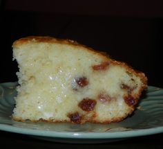 a piece of cake sitting on top of a blue plate