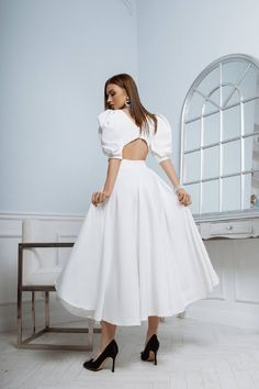 Bridal Backless Puff-Sleeve Midi Dress – One Million Baby Backless Midi Dress, Dress Flowy, Puff Sleeve Dresses, One Million, Red Sky, Dress Midi, Midi Length Dress, Dress Suits, Dress First