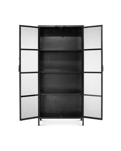 a black and white bookcase with glass doors