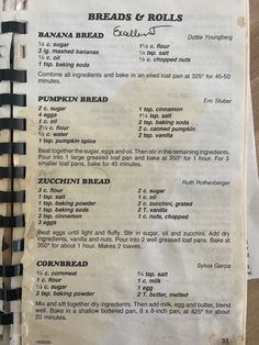 an old recipe book with instructions for breads and rolls written in black on it