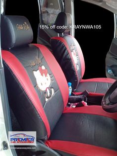 the interior of a car with hello kitty seats