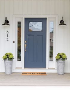 two planters with green flowers are on the front steps of a house that is painted blue