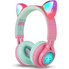 the headphones are pink and blue with cat ears on it's earbands