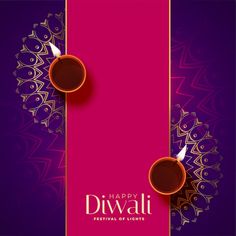 happy diwali festival card with two cups of coffee on purple and pink background