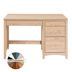 a wooden desk with two drawers and a color wheel in front of the top half