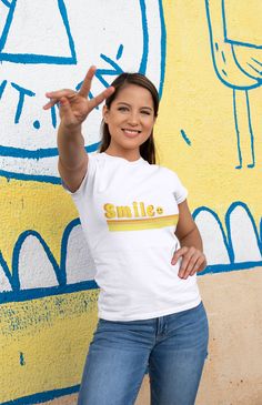 This t-shirt features warm yellow and orange tones with a "smile." With soft and lightweight material and the right amount of stretch, this tee is sure to be a hit. :-) #graphictee #shirt #shirts #smiling #smile #womensfashion #fashionblogger #gift #gifts #fun Chick Shirt, Korean Shirt, Kpop Shirts, Pop Pop Shirts, Smen, Girls Support Girls, No Bad Days, Alt Style, Popular Shirt