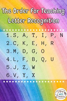 the order for teaching letter recognition is shown in rainbows and blue, with white dots