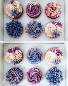 the cupcakes are decorated with purple and blue icing