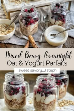 mixed berry overnight oat and yogurt parfait in mason jars with spoons